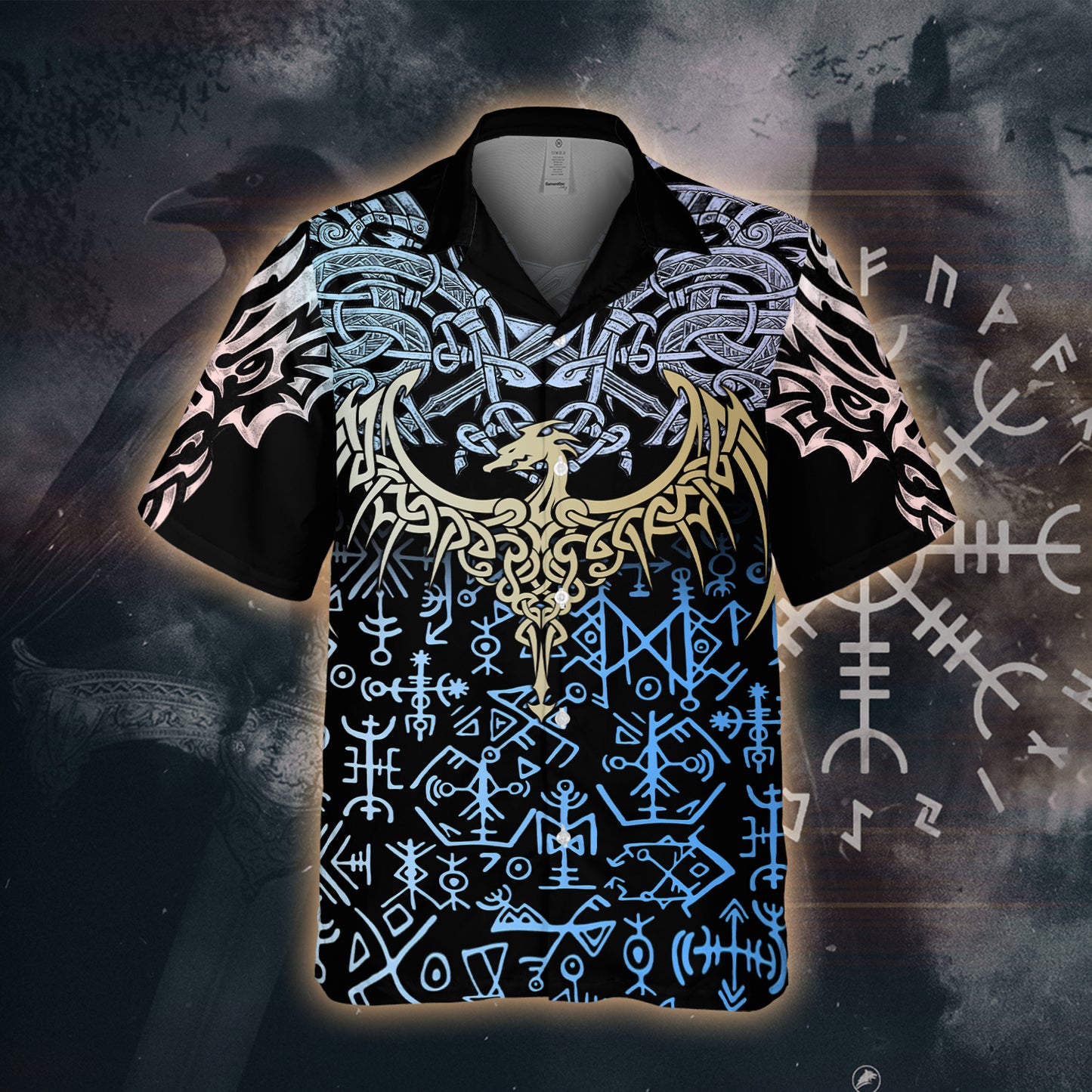 Tropical Viking aloha shirt featuring Odin, ravens, and a berserker bear design
