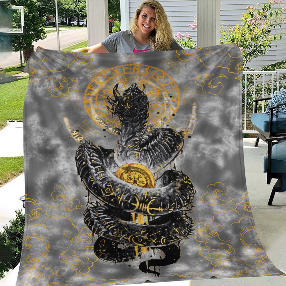 Golden Jormungandr Berserker - Viking Fleece Blanket