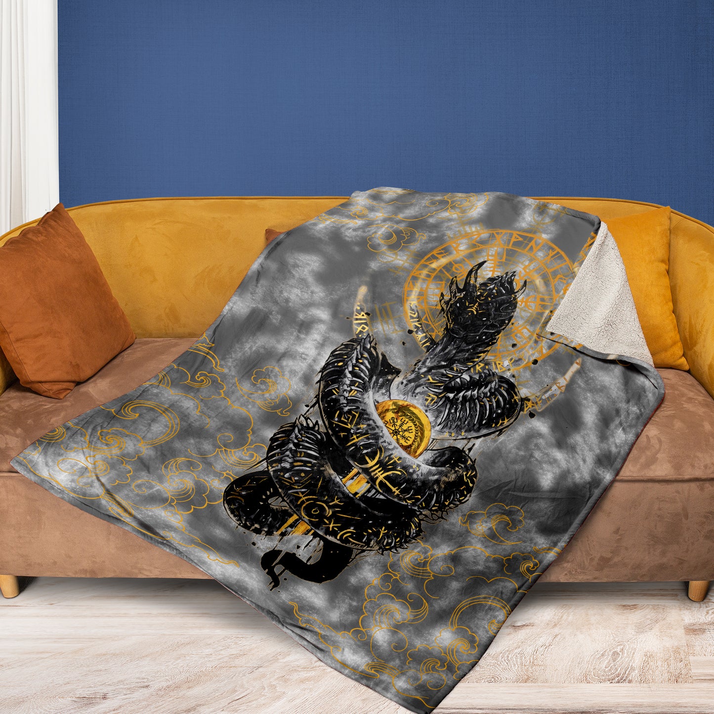 Golden Jormungandr Berserker - Viking Fleece Blanket