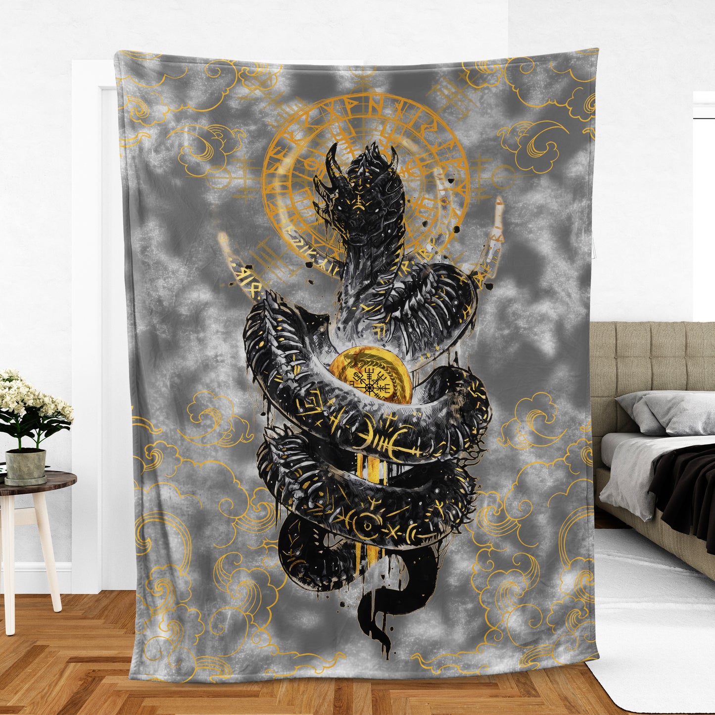 Golden Jormungandr Berserker - Viking Fleece Blanket