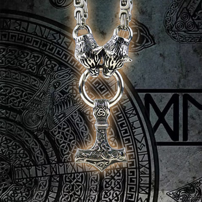 King Chain With Wolf Heads & Mjolnir Pendant