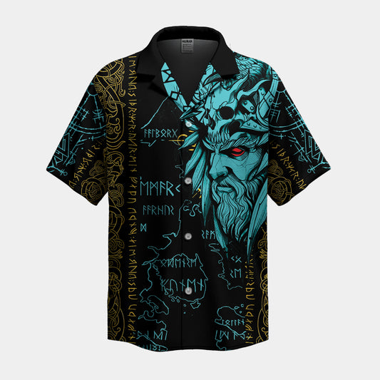 Odin-themed Hawaiian shirt with Hugin and Munin ravens and Nordic wolf motifs.