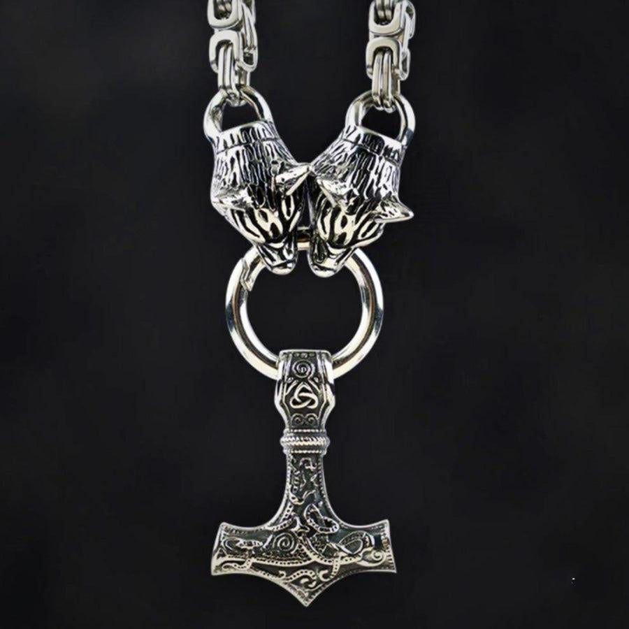 King Chain With Wolf Heads & Mjolnir Pendant