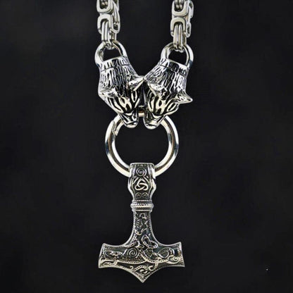 King Chain With Wolf Heads & Mjolnir Pendant