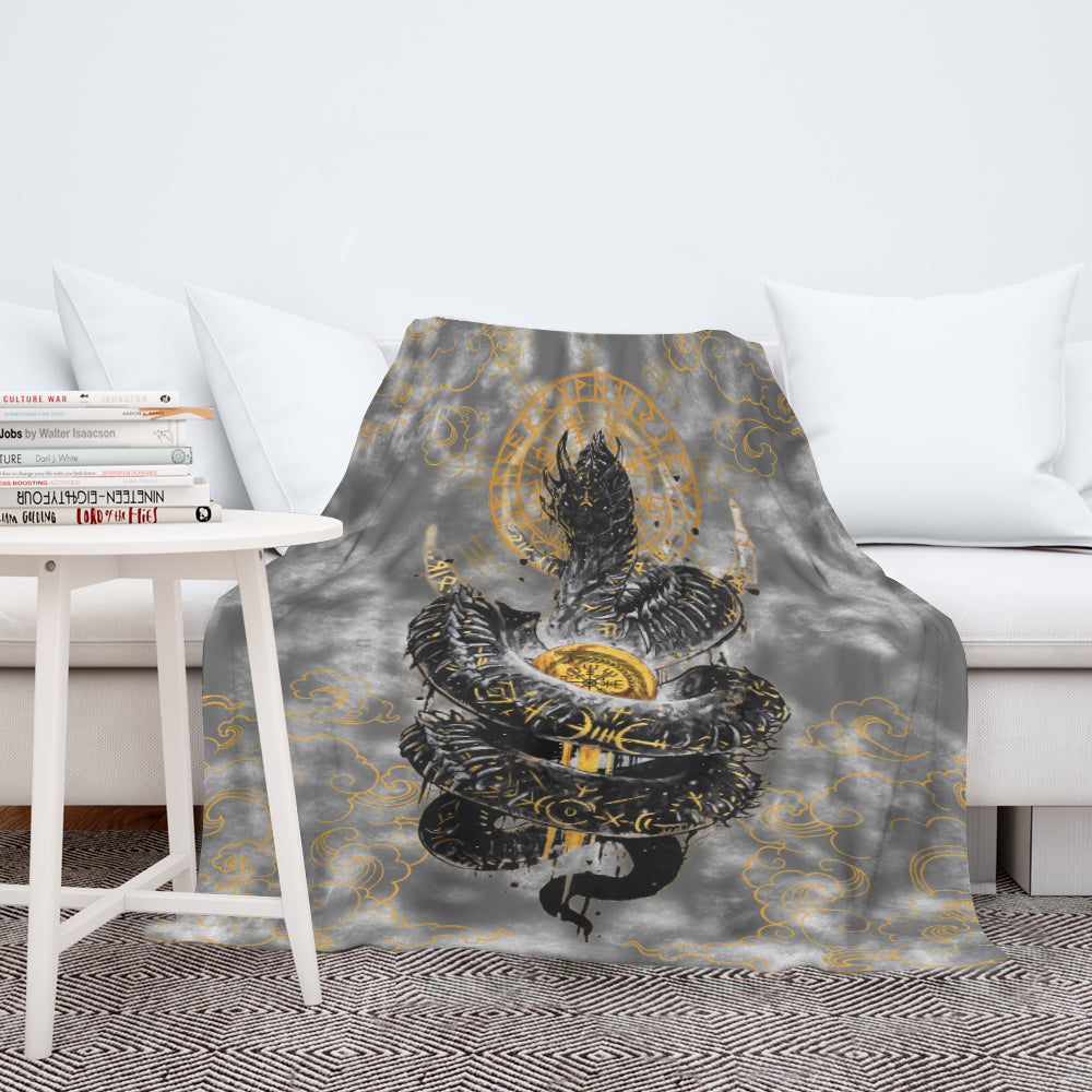 Golden Jormungandr Berserker - Viking Fleece Blanket